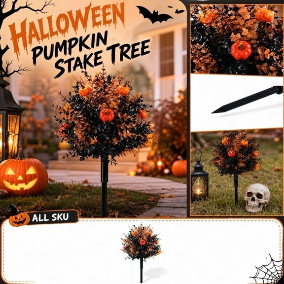Halloween Decorations Outdoor, Fall Eucalyptus Stems with Orange Pumpkins, Use for Front Porch Garden Flower Bed, Seasonal Autumn Accent Decoration, Fake Eucalyptus Build, 23X23