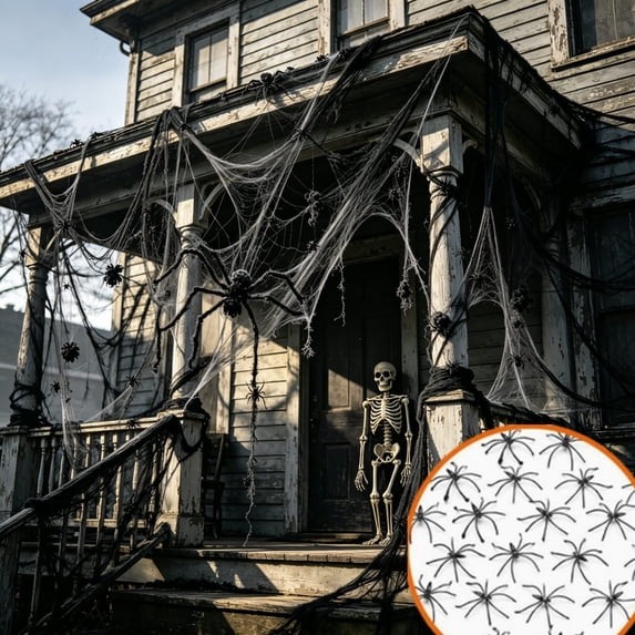 Halloween Decorations Outdoor,Halloween Porch Decor,Halloween Spider Webs and 20PCS Fake Spiders Super Stretch Cobwebs Party Decorate for Halloween Theme Indoor and Outdoor Decoration(Black 6.7FT)