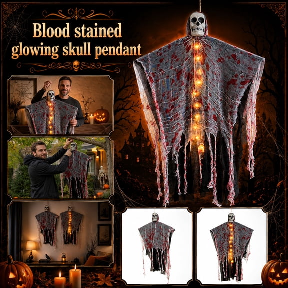 Halloween Decorations Outdoor, Hanging Halloween Decorations Outdoor, Halloween Skeleton Decorations, Scary Halloween Decorations, 34X24 Inch Light Up Blood Stained Skull Hanging