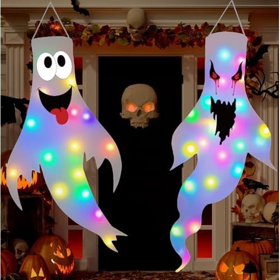 Halloween Decorations Outdoor Indoor, 2 Pack Light Up Ghost Decorations with LED Lights, Hanging Ghost Halloween Decor for Yard Porch Garden Lawn Party (1A-2Pack)