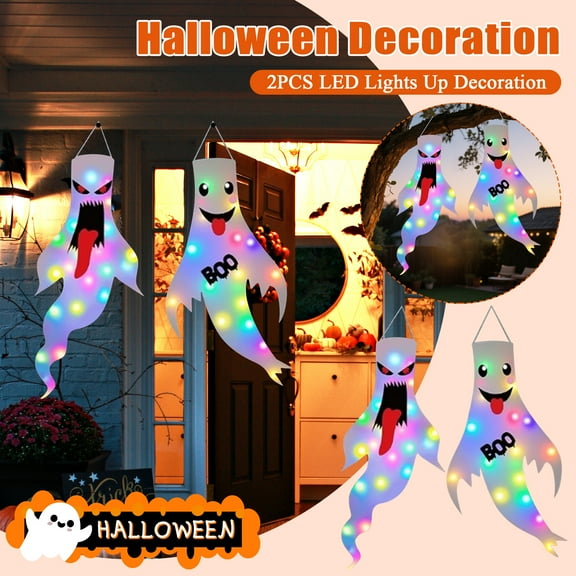 Halloween Decorations Outdoor Indoor, 2 Pack Light Up Ghost Decorations with LED Lights, Hanging Ghost Halloween Decor for Yard Porch Garden Lawn Party (1A-2Pack)