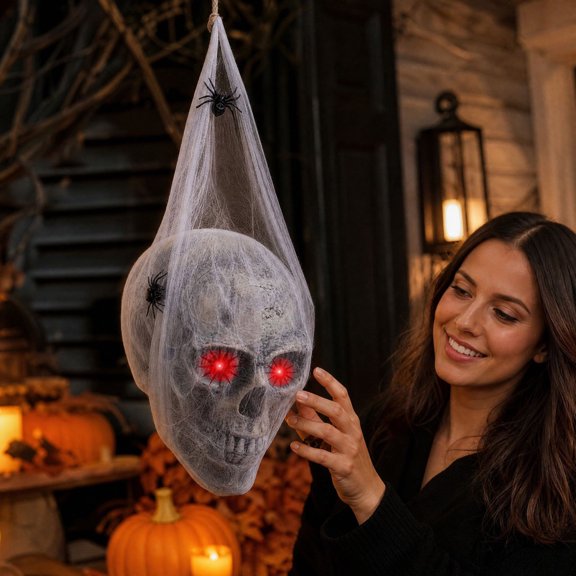 Halloween Decorations Outdoor Indoor Hanging Skull with Light up Eyes Spider Web Scary Haunted House Decor Halloween Party Decor Graveyard Decoration