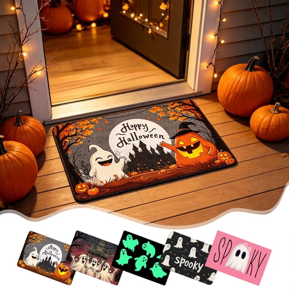 Halloween Decorations Outdoor Indoor, Tarmeek Halloween Door Mat, Faux Wool Bathroom Mat Spooky Ghost Pumpkin Non-Slip Absorbent Washable Indoor Floor Mat Entryway Rug