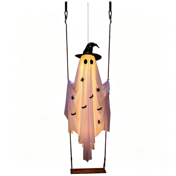 Halloween Decorations Outdoor,Large Hanging Ghost Swing with Witch Hat & Spiders Remote Control String Lights, Spooky Cute Ghosts Decorations for Tree Porch Yard Garden Lawn