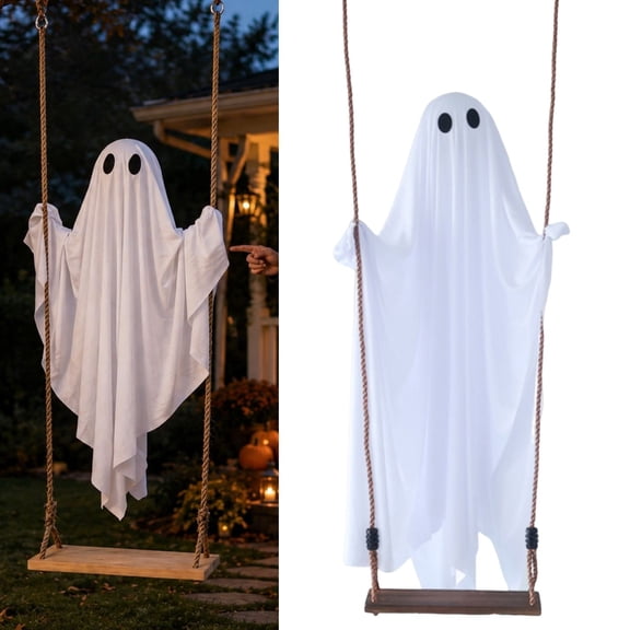 Halloween Decorations Outdoor Large Hanging Swing Ghost with String Lights Halloween Swinging Ghost Decor for Tree Porch Yard Garden Lawn,Seatable