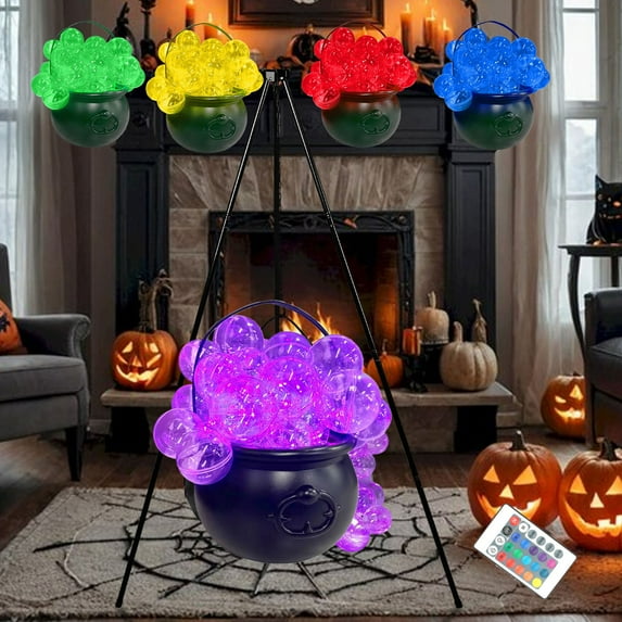 Halloween Decorations Outdoor, Large Witch Cauldron, Halloween Decor, with Large Tripod/Multicolor Lights/Cotton/30PCS Ball, Witch Cauldron Magic Candy Bucket Decoration, for Porch Outdoor Party