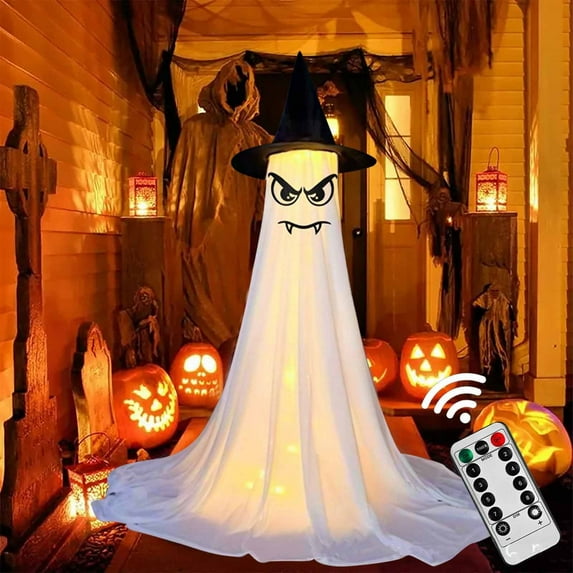 Halloween Decorations Outdoor Light up Ghost with Remote Control,Scalable Large Standing Spooky LED Lights Ghost,Cute Party Ghost Decor for Yard Front Door Porch Lawn Ghost House