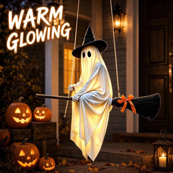 Halloween Decorations Outdoor Lighted Ghost on Broomstick Hanging Decor 40in Cute Flying Witch Ghost with String Lights, 1/2 Set