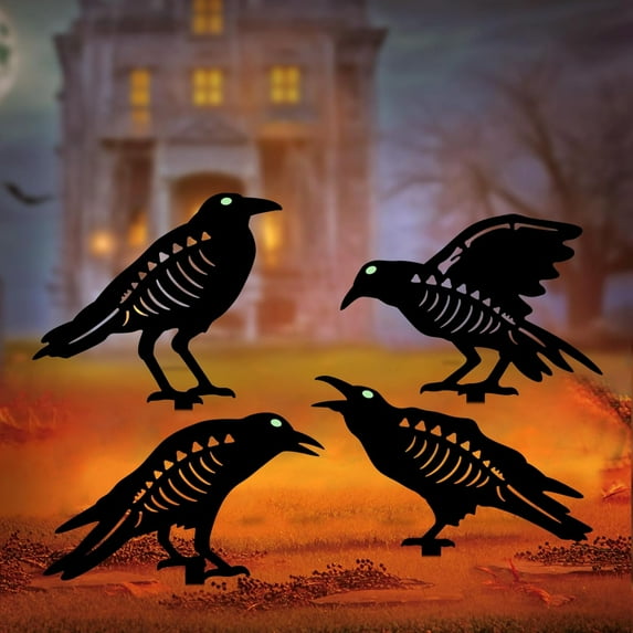 Halloween Decorations Outdoor,Metal 4 Pack Black Crow Garden Stake - Spooky Glow in The Dark Raven Silhouette Crows Halloween Decorations