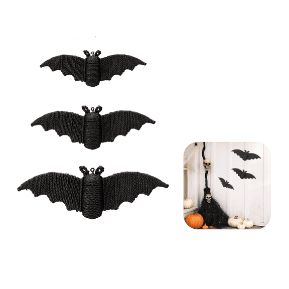Halloween Decorations Outdoor, Outdoor Hanging Decor, Woven Wall Decor, Halloween Wall Decor, 3 Piece Straw Woven Black Bat Ornaments for Spooky Porch, Patio, Tree and Fence