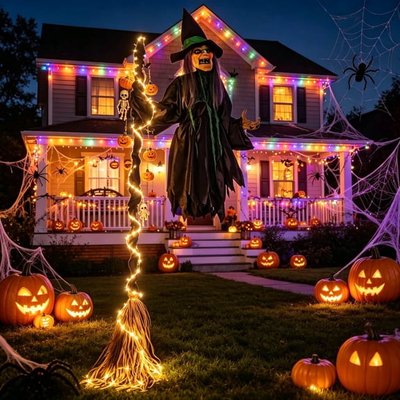 Halloween Decorations Outdoor Safe Flying Witch Stake 72 Inch Sound & Motion Activated Flying Hover Witch with Eerie Sounds Halloween Animated Props for Lawn Backyard Porch Party Decor