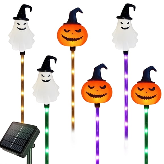 Halloween Decorations Outdoor Solar Pumpkin Bat Ghost Garden Stake Lights, 16 in 6-Pack Solar Halloween Lights Waterproof for Outside Home Patio Yard Pathway Grave Lawn Porch Party Decor