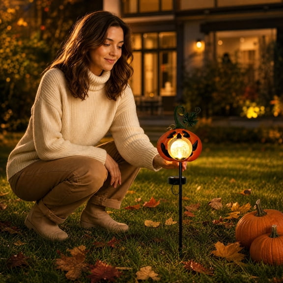 Halloween Decorations Outdoor, Solar Pumpkin Lights with Stake, LED Lighted Pumpkin Solar Pathway Lights, Waterproof LED Yard Decoration for Garden Patio Walkway Porch