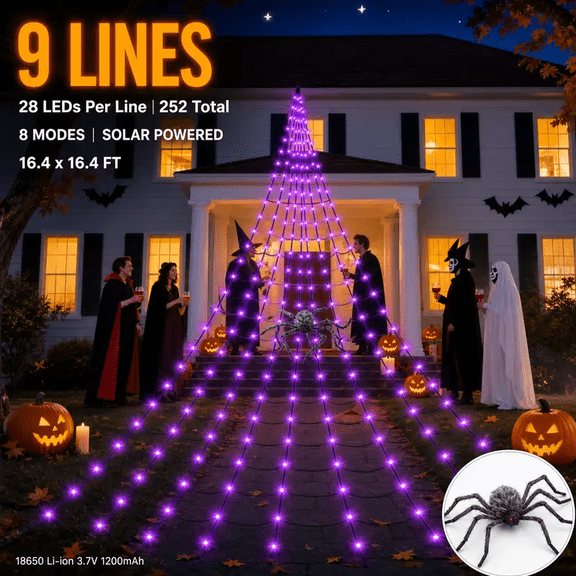 Halloween Decorations Outdoor,Solar Spider Web Lights 9 Strands 252 LED 16.4Ft 8 Lighting Modes Waterproof Purple for Outdoor Garden Party Yard Porch Home Decor