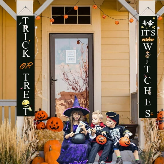 Halloween Decorations Outdoor Trick or Treat It's October Witches Halloween Porch Signs Banners Witch Decor for Front Door or Indoor Home Decor | Porch Decorations | Halloween Welcome Signs