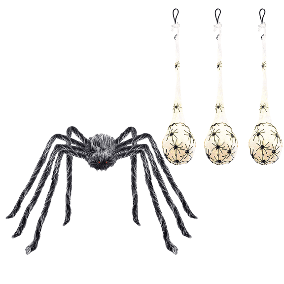 79IN Giant Spider Halloween Decorations Outdoor with LED Lights,Glowing Animated Crawling Props for Front Yard,Porch,Garden,Lawn,Halloween Party (Yellow+3 Eggs/B+E)