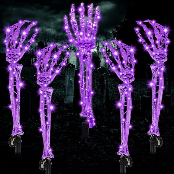 Halloween Decorations Outside Outdoor Decor, 5 Pack Light Up Skeleton Arm Stakes Halloween Decoration, 225 LED Purple Lights with 8 Modes, Scary Decorations Outdoor Yard Lawn Garden(RL)
