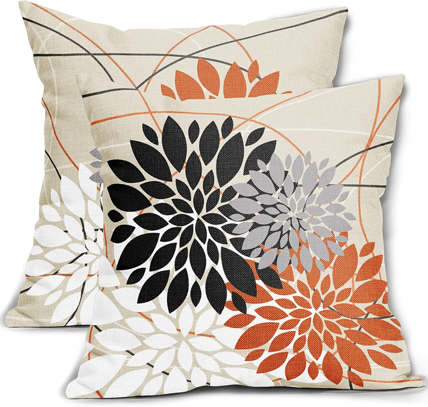Halloween Decorations Pillow Covers 20x20 Inch Black Orange Dahlia Decorative Throw Pillows Outdoor Farmhouse Fall Decor for Sofa Couch Bed Autumn Modern Flower Linen Square Cushion Case, Set of 2