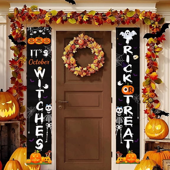 Halloween Decorations, Porch Decorations, Halloween Welcome Signs, Trick or Treat & It's October Witches Halloween Porch Banners for Front Door or Indoor Home Décor