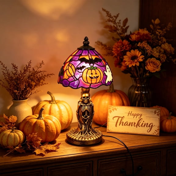 Halloween Decorations, Pumpkin Night Light, Handcrafted Retro Stained Glass Starry Night Pumpkin Lights, LED Resin Light Up Pumpkin Decorations for Bedroom Hallway, Halloween Basket Gifts