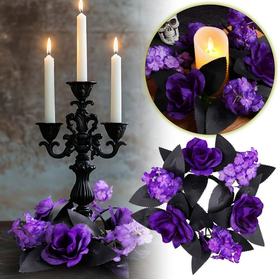 Halloween Decorations Purple Rose Candle Wreath For Home Floral Arrangement Wreath For Living Room Party Decoration Light up Christmas Wreaths for Front Door Small Boxwood Wreath for Car Fall Bow for