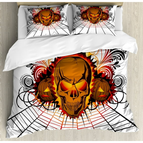 Halloween Decorations Queen Size Duvet Cover Set, Angry Skull Face on Bonfire Spirits of Other World Concept Bats Spider Web, Decorative 3 Piece Bedding Set with 2 Pillow Shams, Multi, by Ambesonne