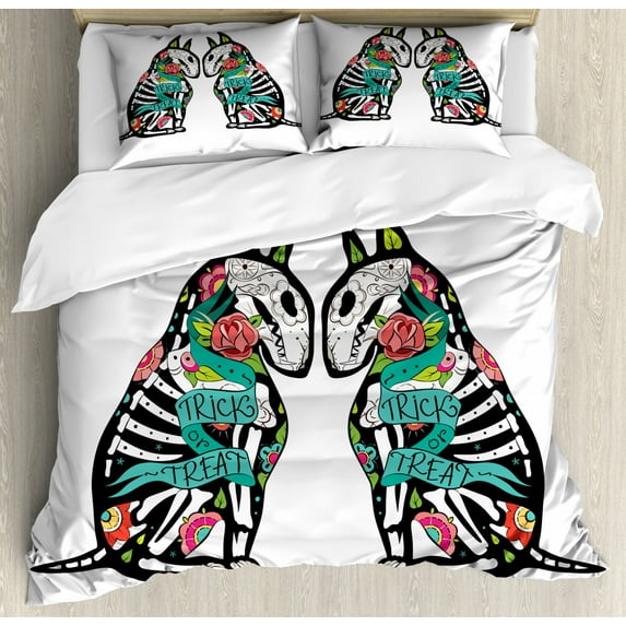 Halloween Decorations Queen Size Duvet Cover Set, Skeleton Demon Figures Flowers and "Trick or Treat" Quote Ethnic Design, Decorative 3 Piece Bedding Set with 2 Pillow Shams, Multi, by Ambesonne
