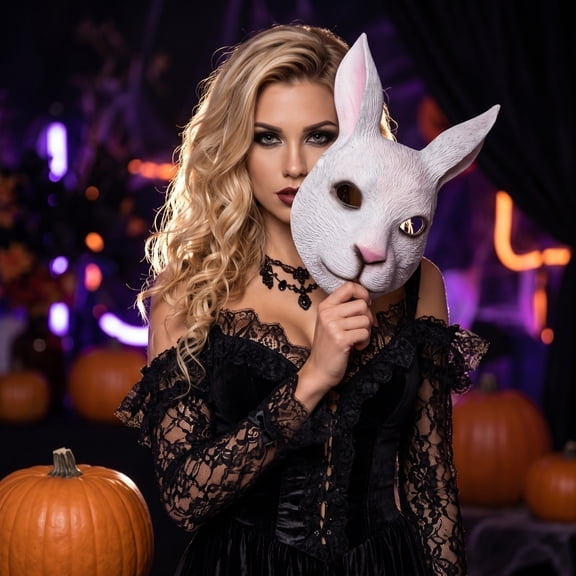 Halloween Decorations Rabbit Mask, 7.09 x 12 in PU Leather Animal Costume Prop, Halloween Party Decorations for Masquerade Carnival Party (White)