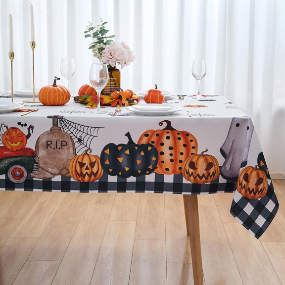 Halloween Decorations Rectangle Pumpkin Ghost Grave Spiderweb Baffalo Plaid Halloween Tablecloth - 60"x120" Oblong Polyester Table Cover Water-Repellent, Washable, Reusable for Party Table