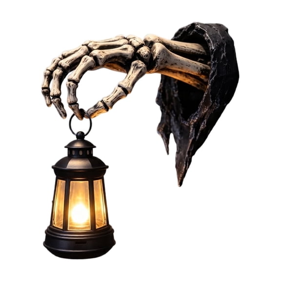 Halloween Decorations Resin Skeleton Hand Wall Decor with Hanging LED Mini Lantern Realistic Ghost Arm Wall Mount Light Ornament for Porch Yard Halloween Party,1pack