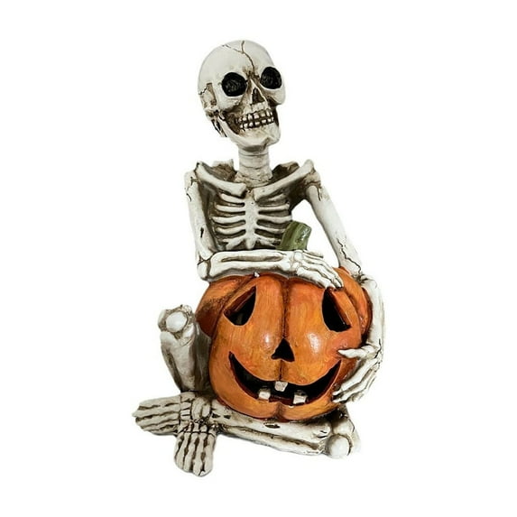 Halloween Decorations, Resin Skeleton Man Holding a Pumpkin Figurine for Table Garden Home Decor, Halloween Skeleton Ornaments Gifts
