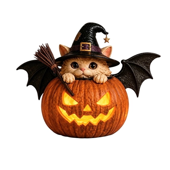Halloween Decorations Resin Witch Cat Pumpkin Figurine Lamp with Bat Wings, Witch Hat, Broom and Glowing Jack-O'-Lantern for Tabletop Porch Decor