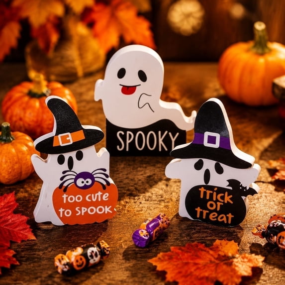 Halloween Decorations Saving! 3 Pack Ghost Halloween Tabletop Signs, Spooky Ghost Blocks with Witch Hat Spider Bat Print, Mini Tray Decor for Fall Holiday Indoor Party Ornament