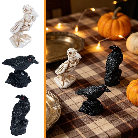 Halloween Decorations Savings, Halloween Crow Resin Figurine Set - 3 Pieces Resin Bird Black with White Skeleton, Red Eyes Gothic Spooky Decor for Tabletop, Skull Bird Ornament for Gothic Decor