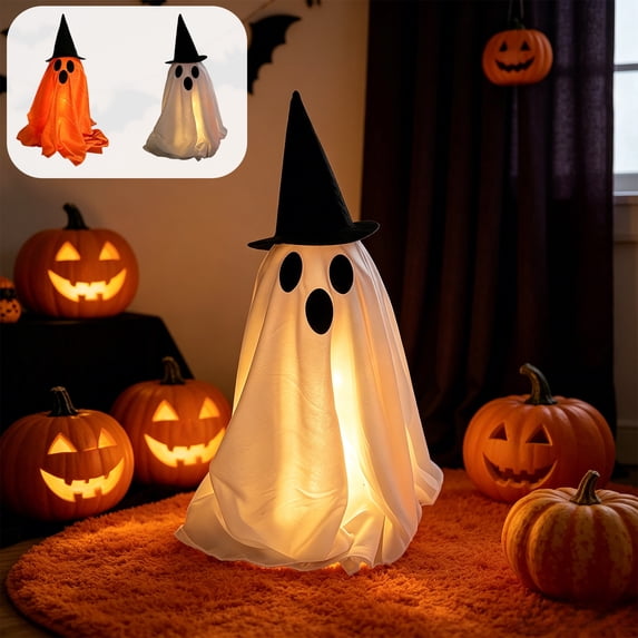 Halloween Decorations Savings, Halloween Ghost LED Lighted Ghost Figurine, Fabric Cordless Reusable Halloween Decor, Spooky Glowing Ghost with Witch Hat for Indoor Outdoor Home Yard Halloween Decor
