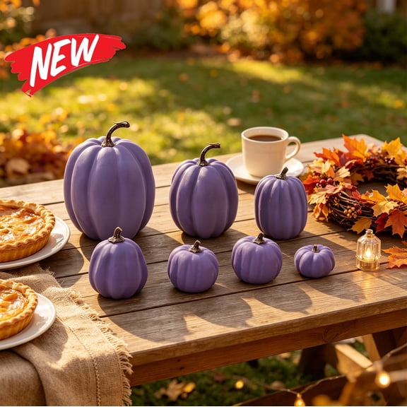 Halloween Decorations Savings, Purple Foam Pumpkin Set for Halloween Decoration, 7Pcs Matte Pumpkin Ornament for Fall Holiday Decor, Foam Pumpkin Mantel Decor for Indoor Display and Gothic Style