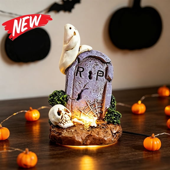 Halloween Decorations Savings, Tarmeek Halloween Glowing Tombstone Resin Skull Ghost Ornament Tabletop Decor 10x6.5x5.7cm Handcrafted Gothic Figurine Desktop Car Decoration Spooky Scene Party