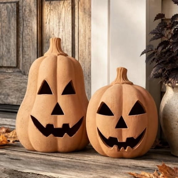 Halloween Decorations, Set of 2 Handmade Terracotta Jack O' Lanterns | Cozy Fall Decor for Home, Indoor Outdoor Autumn Farmhouse Decor for Porch, Front Door, Mantel, Table Centerpiece