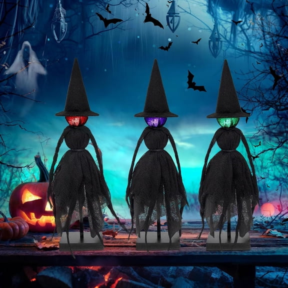 Halloween Decorations, Set of 3 Primitive Witches with Hats, Spooky Halloween Witch Figurines with 3 LED Colors for Mantel, Shelf, and Tabletop DecorCollectible Figurines