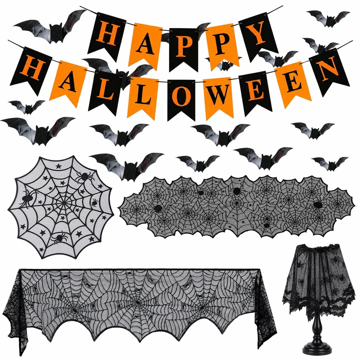 Halloween Decorations Set Halloween Party Decor Supplies - Round Tablecloth, Table Runner, Fireplace Mantel Scarf, Lamp Shade Cover, Banner, 3D Bat
