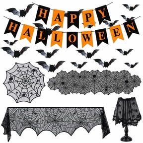 Halloween Decorations Set Halloween Party Decor Supplies - Round Tablecloth, Table Runner, Fireplace Mantel Scarf, Lamp Shade Cover, Banner, 3D Bat