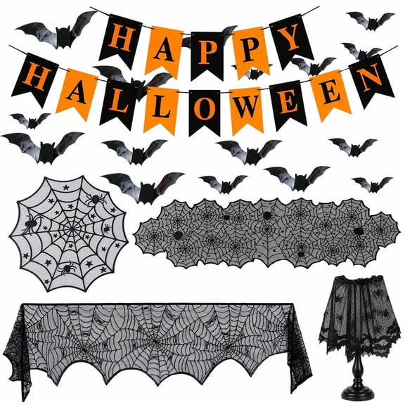 Halloween Decorations Set Halloween Party Decor Supplies - Round Tablecloth, Table Runner, Fireplace Mantel Scarf, Lamp Shade Cover, Banner, 3D Bat