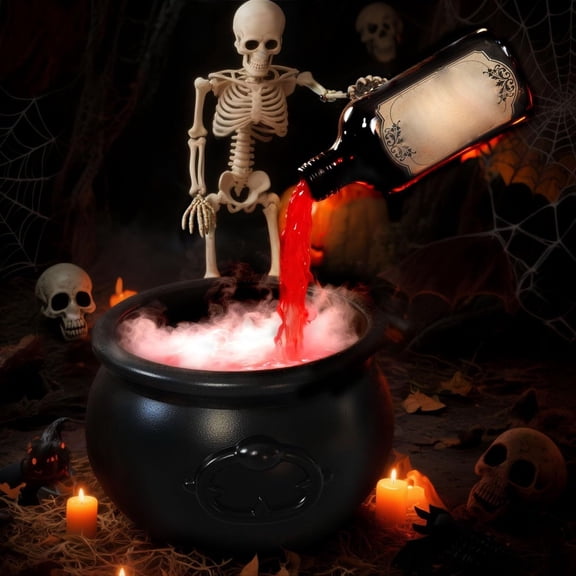 Halloween Decorations Skeleton & Floating Potion Cauldron Set, LED Light-Up Witch Decor with Aromatherapy Mist