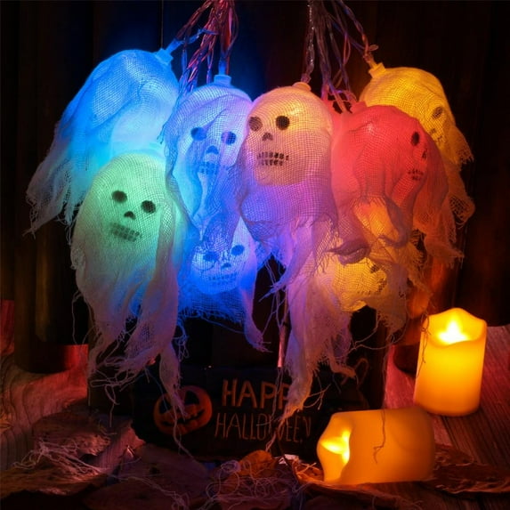 Halloween Decorations Skeleton Skull String Lights, White Gauze Spooky Colorful Light 10FT 20 LEDs Battery Operated for Halloween Indoor Outdoor Decoration, Multicolor