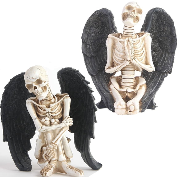 Halloween Decorations Skeletons Statue Figurines Human Skull Decor - Set of Two Black Angel Wing Pray Skull Skeleton Statues Collectible Figurines, Shelf Sitters for Haunted House Home Party