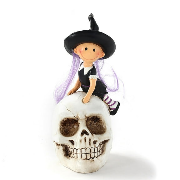 Halloween Decorations Skull Witch Decor Figurines - Little Witch on Skull Head Statue Figurines Halloween Skull Witch Collectible Figurines Statue Decor for Home Garden Party Yard Lawn