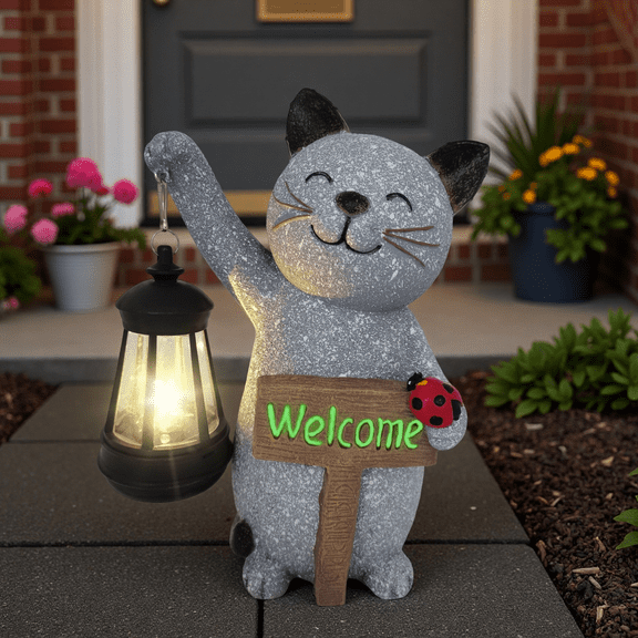 Halloween Decorations Solar Cat Statue Light Garden Decor, Led Home Outside Decor for Patio Yard Pool Front Porch Flower Pots, Solar Powered Welcome Cat Lantern Gardening Gifts