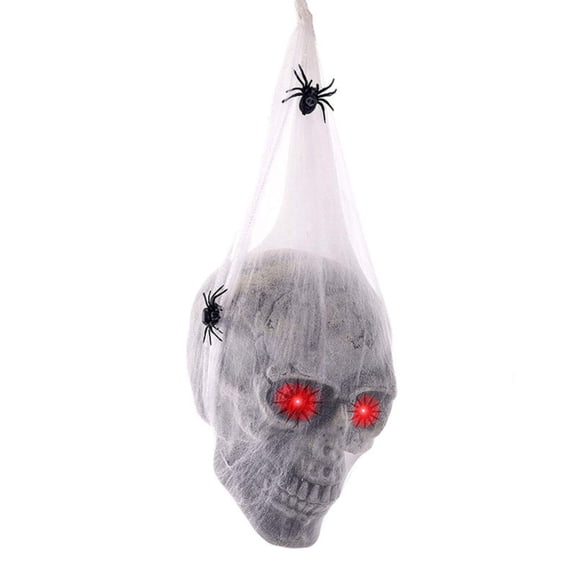 Halloween Decorations Sound-Activated Light-Up Skull, Hanging Skeleton Head with Spider Web & Spiders for Scary Decor