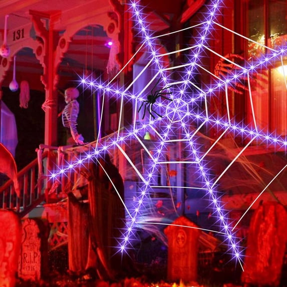 Halloween Decorations Spider Web Lights 12FT Diameter 120 LED with Giant Black Spider Waterproof Net Lights 8 Modes Cobweb Halloween Decorations for House Garden Indoor Outdoor (Purple)