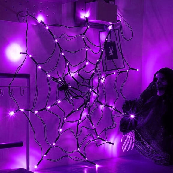 Halloween Decorations Spider Web Lights - 40inch Diameter 60 LEDs with Spider, Waterproof, Remote Control, 8 Modes Cobweb Halloween Decorations for Garden Home Outdoor(Purple)